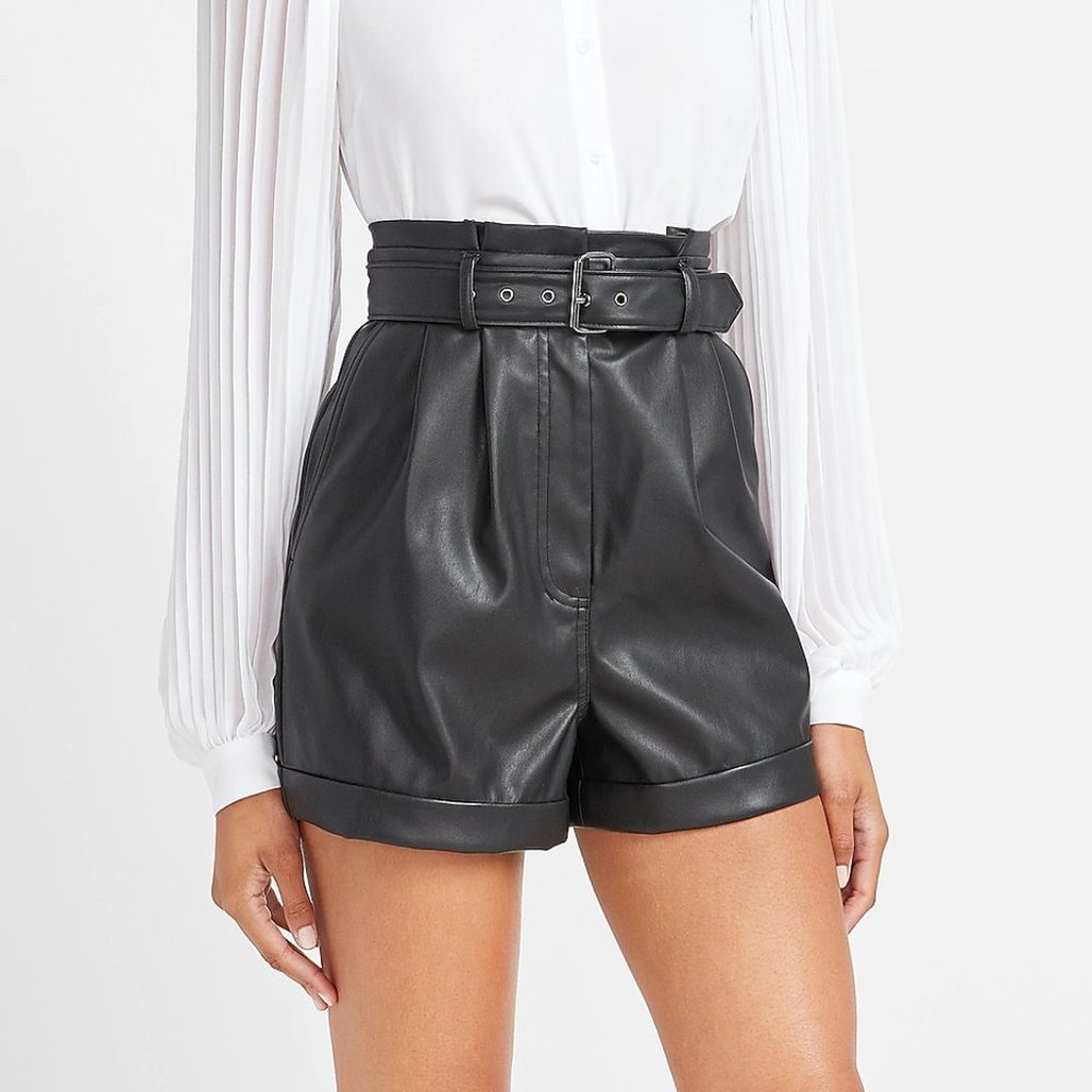 Super High Waisted Vegan Leather Belted Shorts